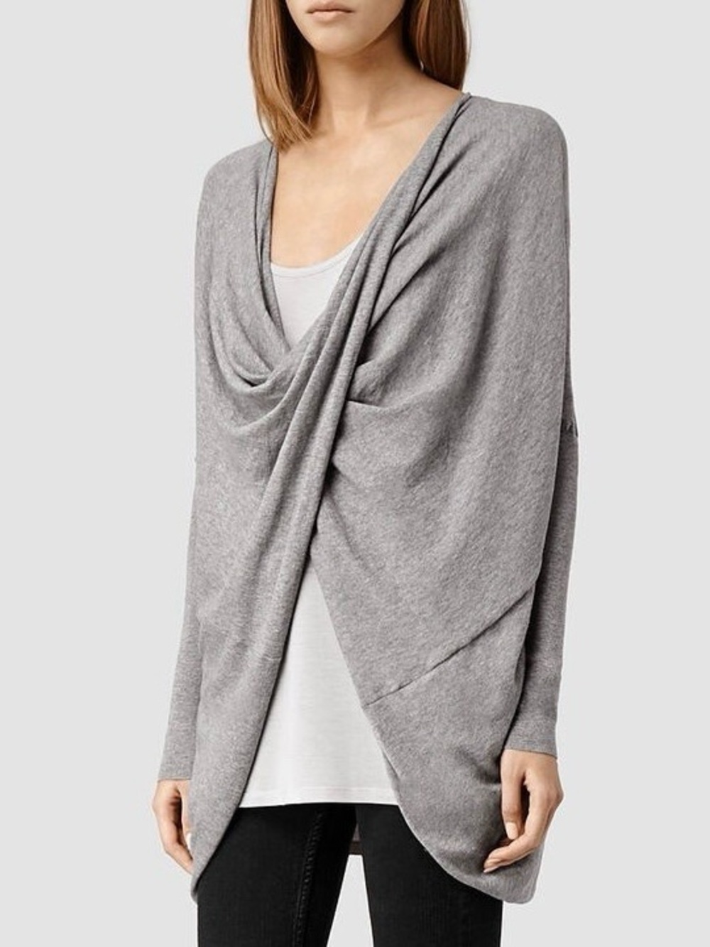 All Saints Gray Draped Cowl Open-Front Sweater
